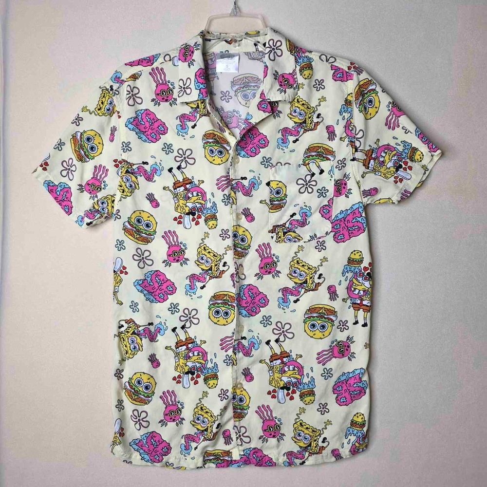 Nickelodeon SpongeBob SquarePants Trippy All Over Print Rayon Shirt Mens S Small